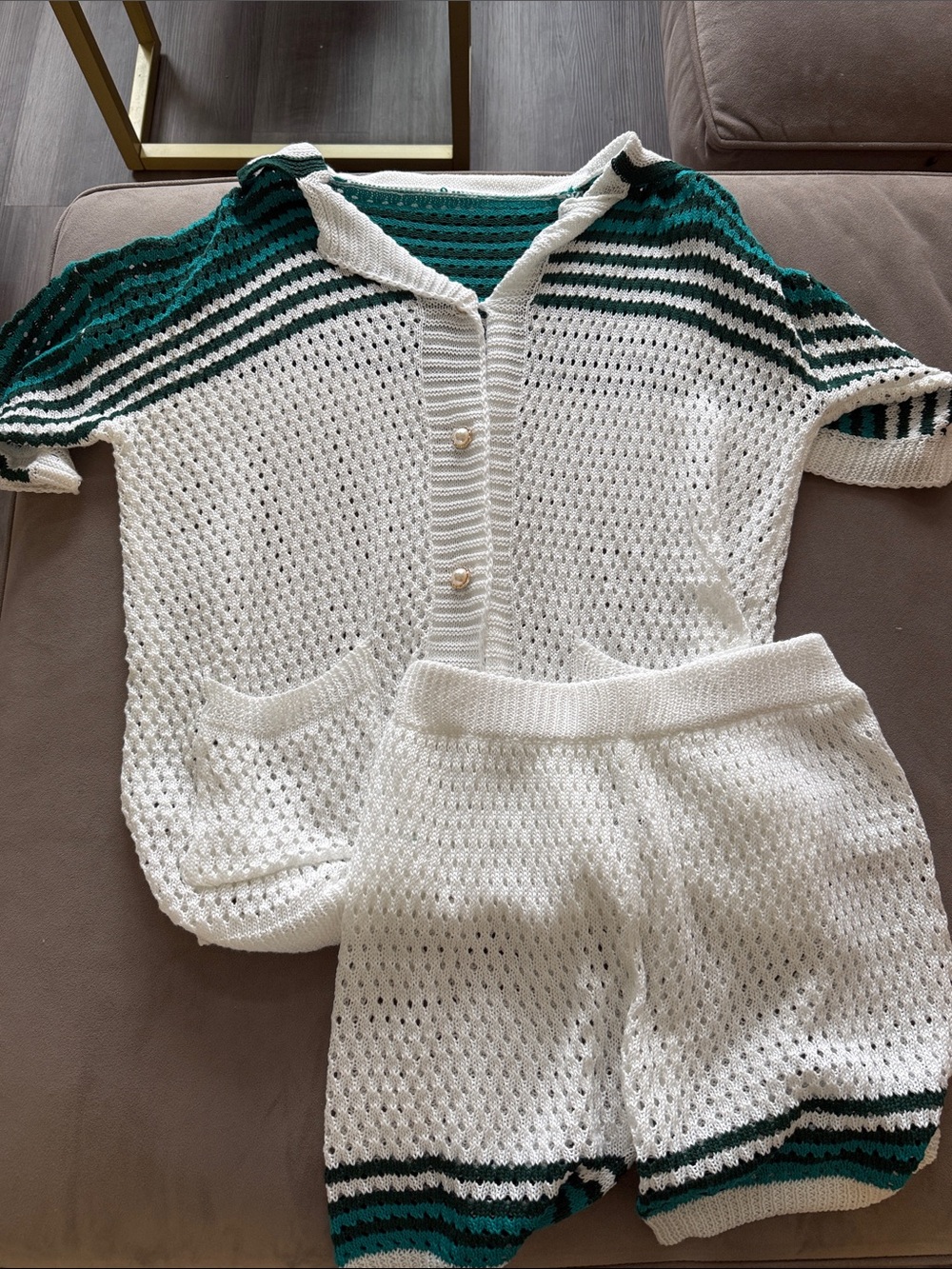 White Knit  Set with Green Stripe Trim - Women